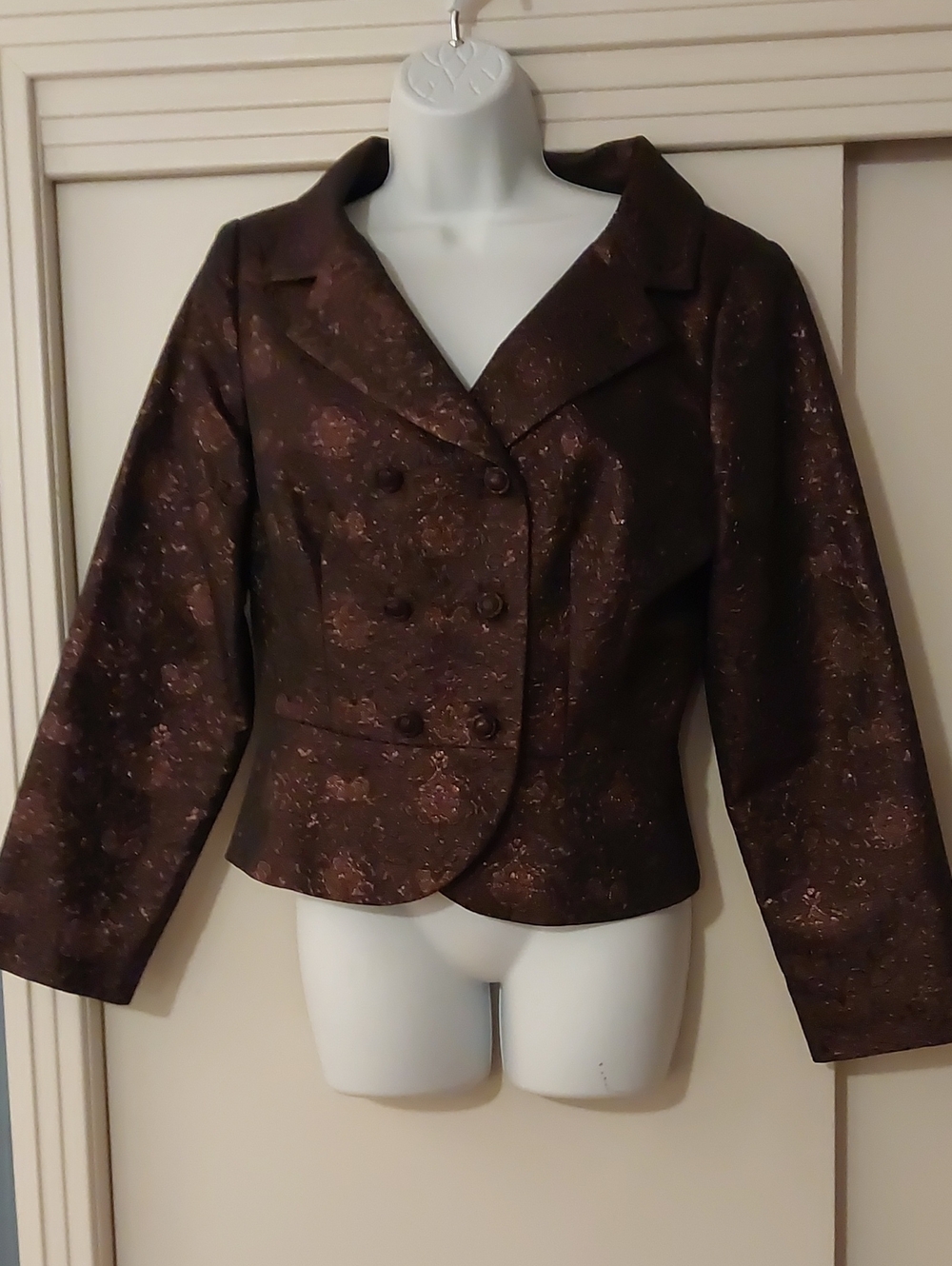 Talbots Brown & Bronze Metallic Brocade Double-Breasted Cropped Blazer W/ Skirt